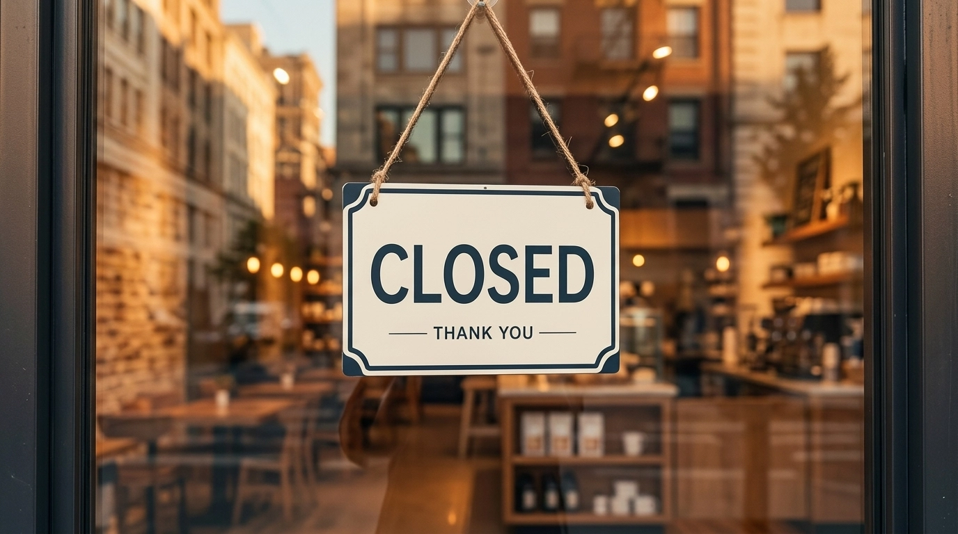 Closed sign hanging on glass door frame