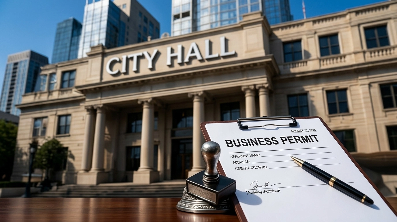 City Hall building facade with a clipboard reading Business Permit in foreground
