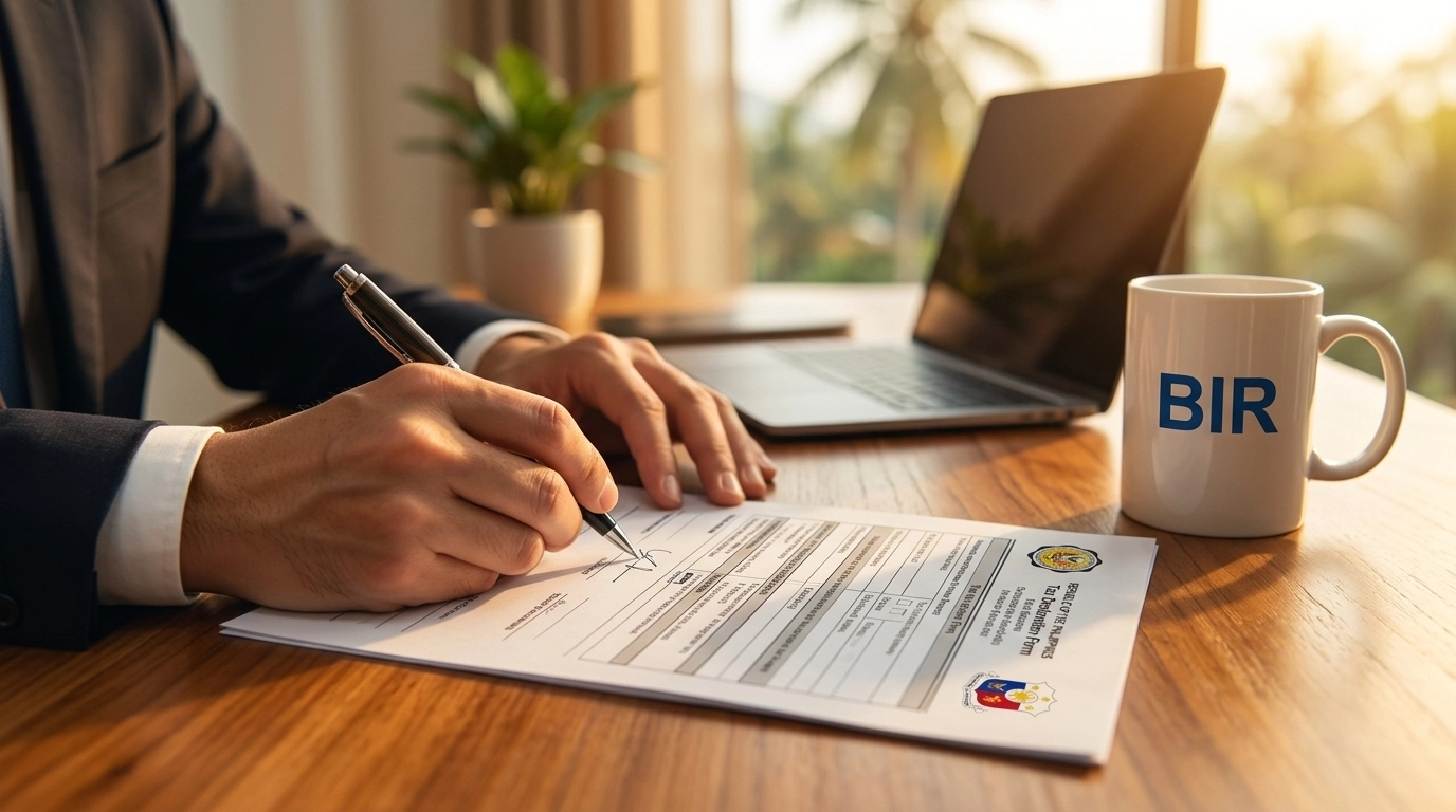 Close-up of hands signing BIR registration documents at a desk
