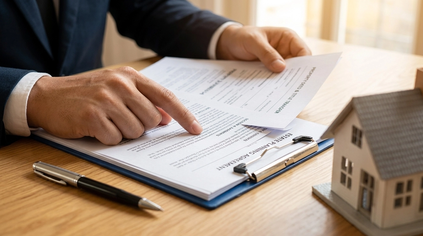 Person signing property agreement next to small house model