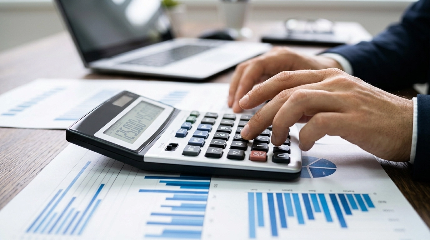 Hands calculating financial figures with pen and calculator over charts