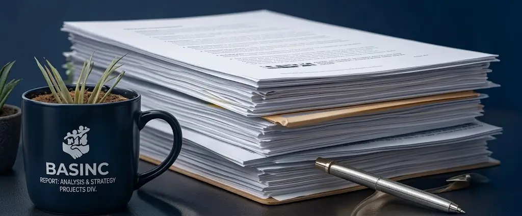 Stacked paperwork and coffee mug